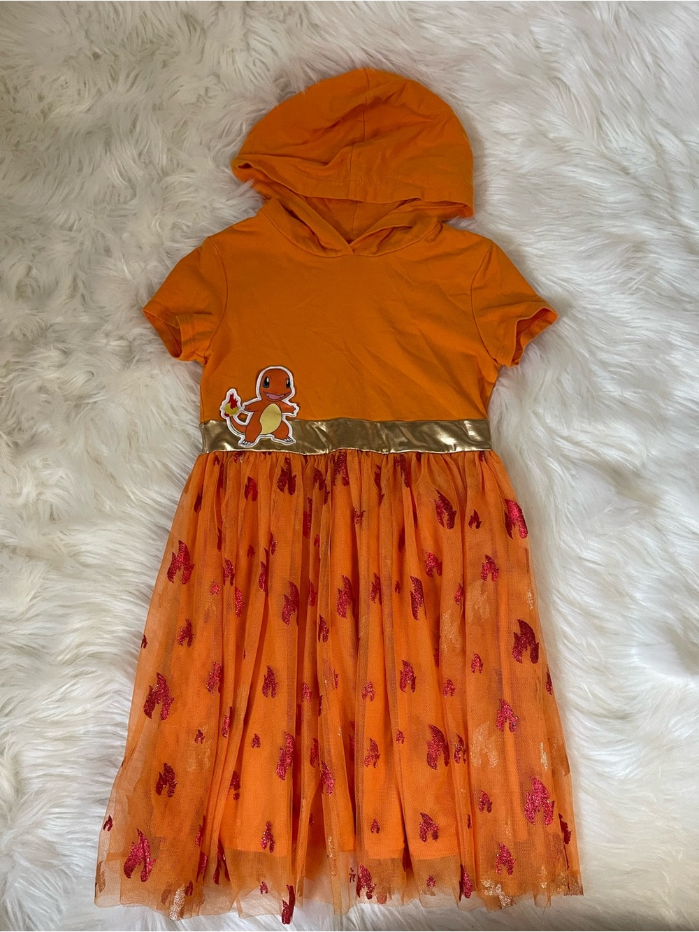 Pokemon Charmander Hooded Dress Girls Size Small 6-7 Orange Tulle Flame Skirt